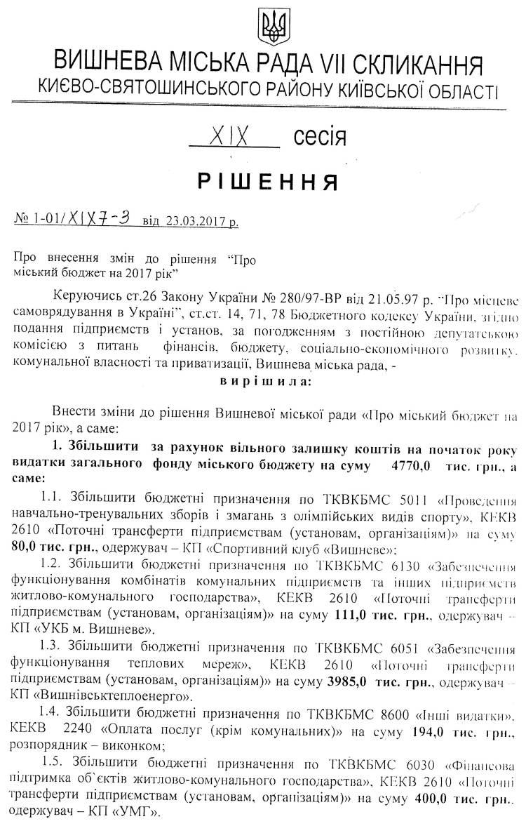 РІШЕННЯ ХIХ СЕСІЇ VIІ СКЛИКАННЯ від 23.03.2017 року